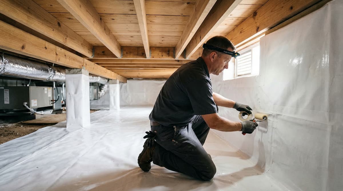 crawl space encapsulation technician sealing vapor barrier liner to wall in Wichita home
