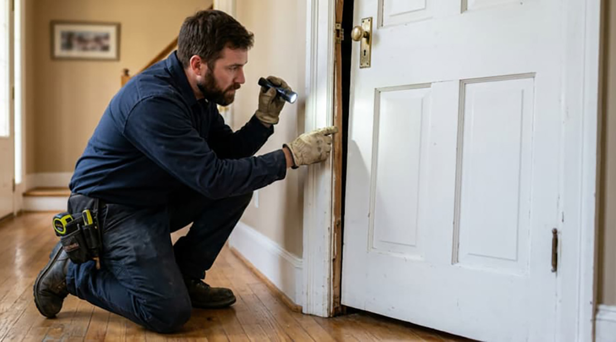 foundation repair technician inspecting misaligned door frame in Wichita home
