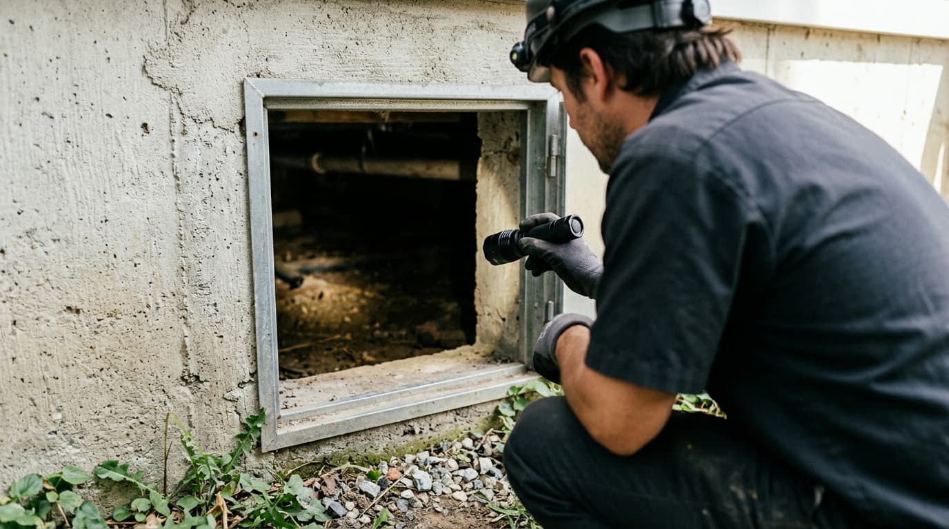 contractor inspecting water damage and moisture in crawl space of Wichita home
