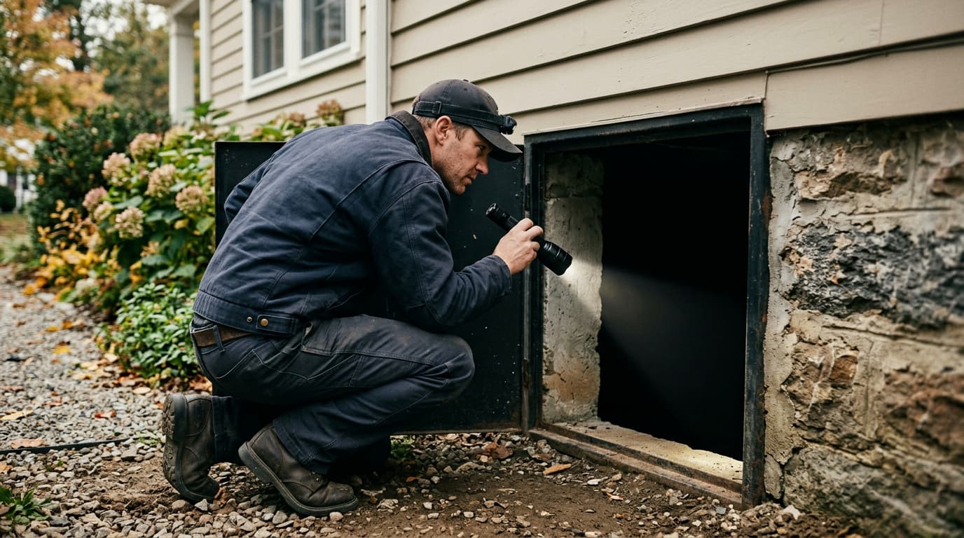foundation technician inspecting crawl space access panel with flashlight at Wichita home