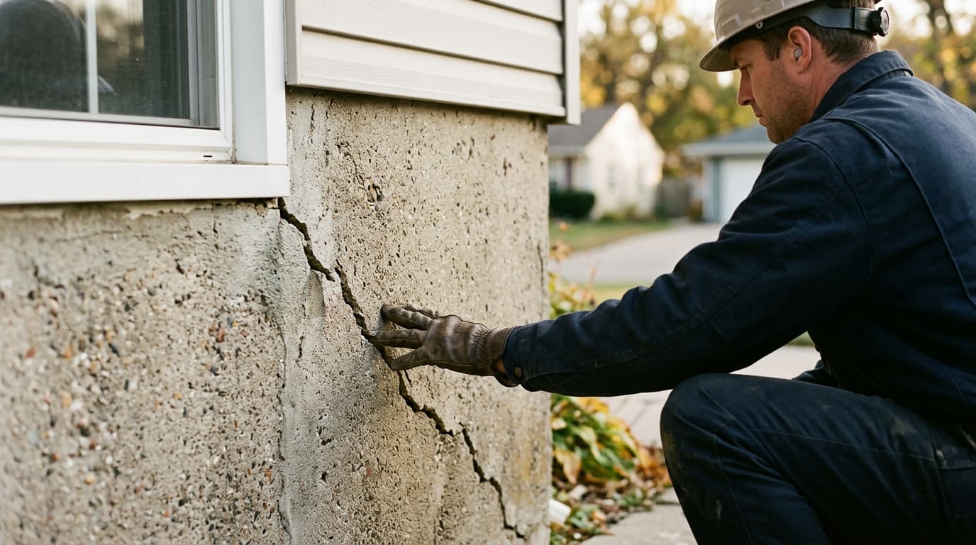 foundation repair technician inspecting settlement cracks on Wichita home foundation