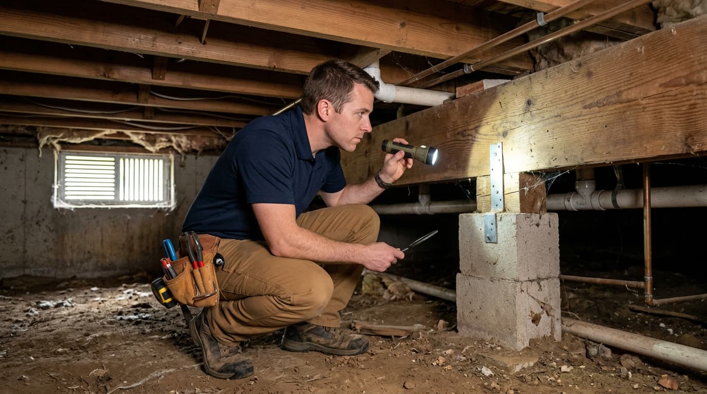 foundation technician inspecting pier and beam supports in crawl space of Wichita home