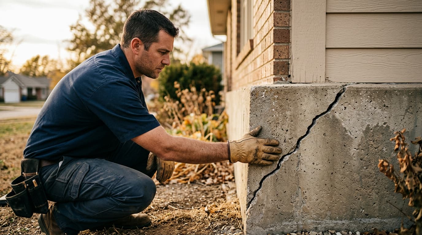 foundation repair technician inspecting slab foundation crack at Wichita home