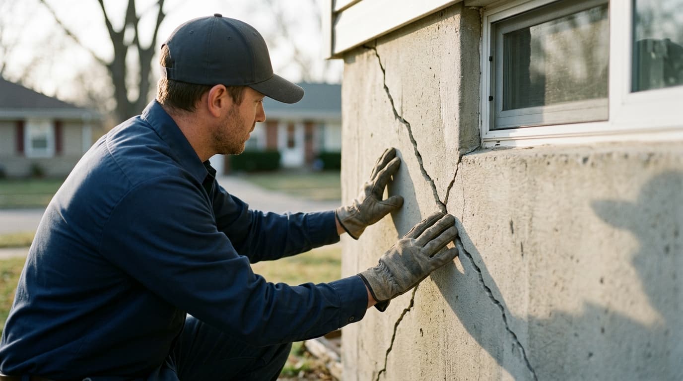 foundation technician inspecting diagonal crack in concrete foundation wall of Wichita home