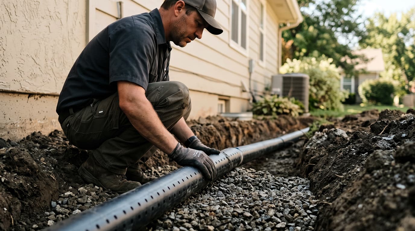 drainage installation technician installing French drain along foundation of Wichita home