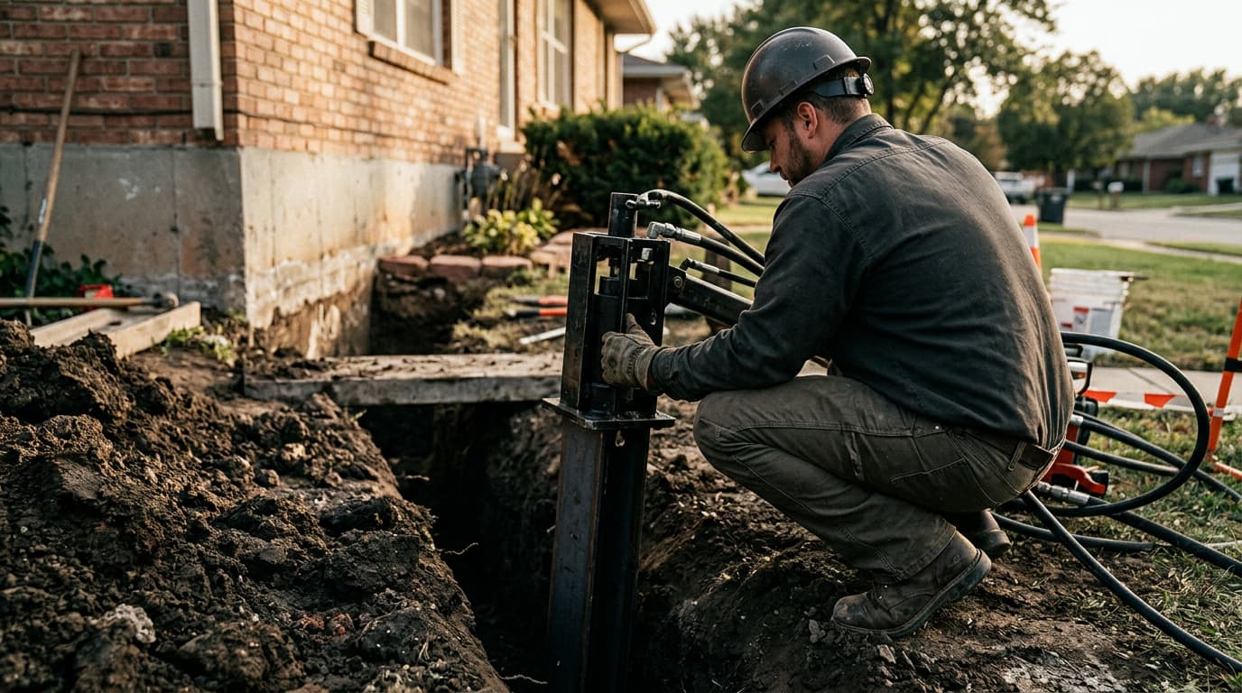foundation repair crew installing steel pier along foundation perimeter of Wichita home