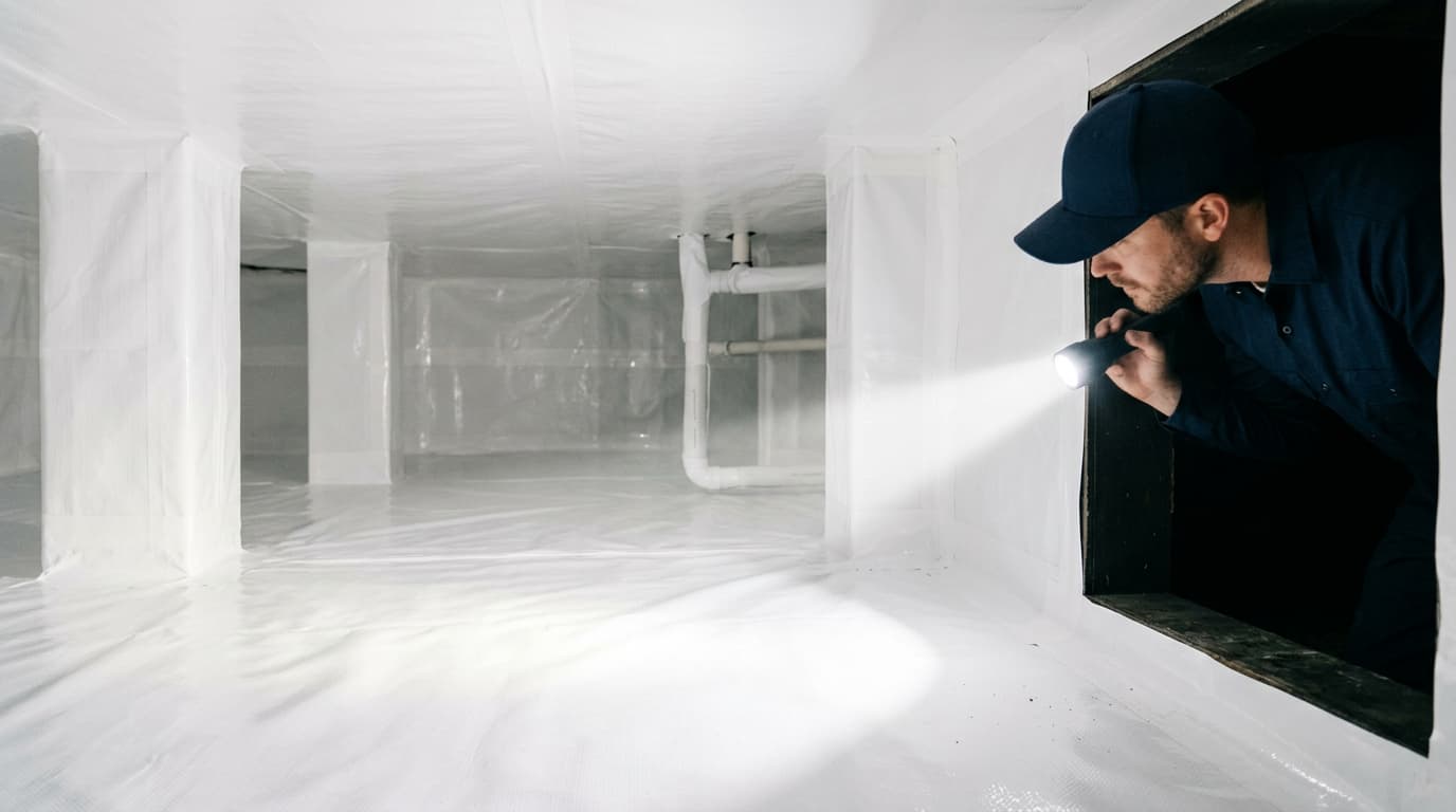 foundation waterproofing technician inspecting basement wall moisture in Wichita home