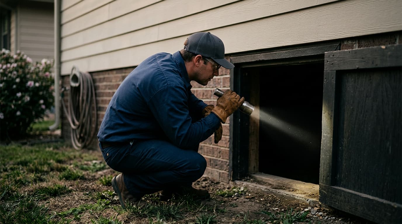 foundation repair technician installing steel pier along foundation wall of Wichita home