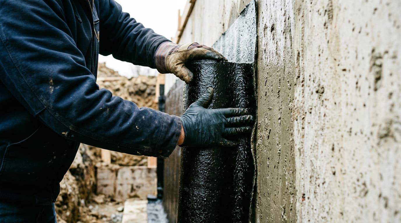 technician applying rubberized asphalt waterproofing membrane to exterior concrete foundation wall