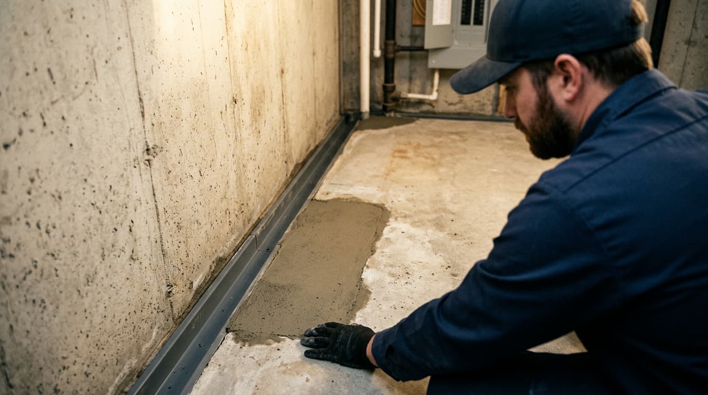 foundation technician finishing interior drainage channel installation along basement wall of Wichita home