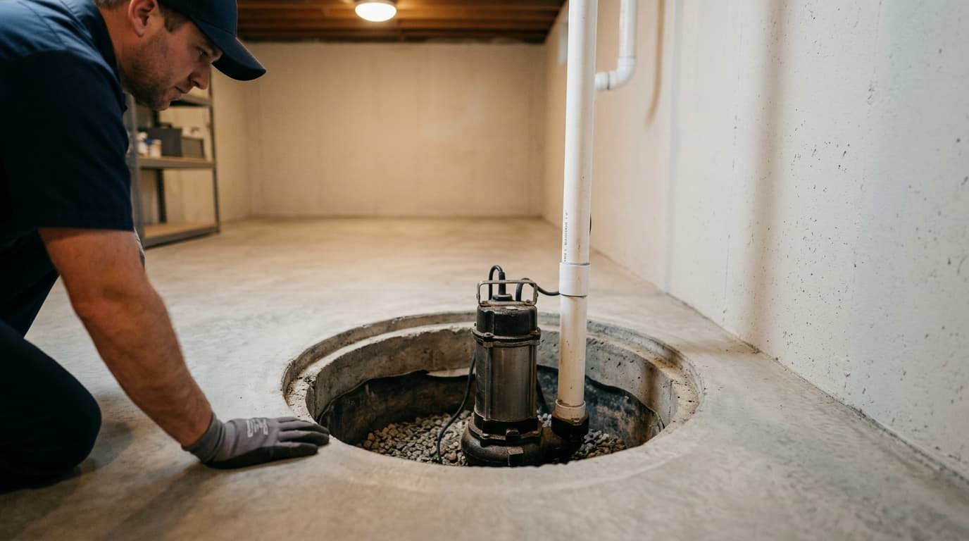 technician inspecting sump pump system in dry waterproofed basement of Wichita home