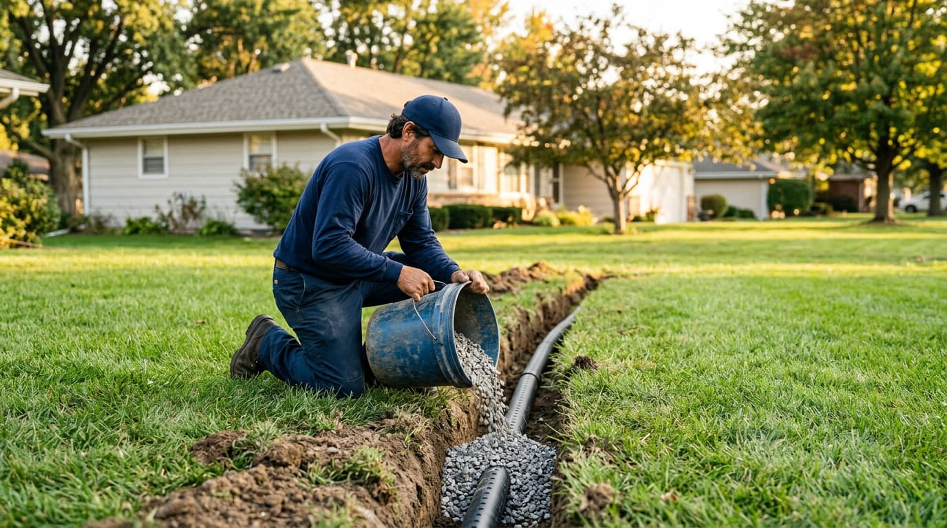 French drain system with perforated pipe and gravel being installed in Wichita yard