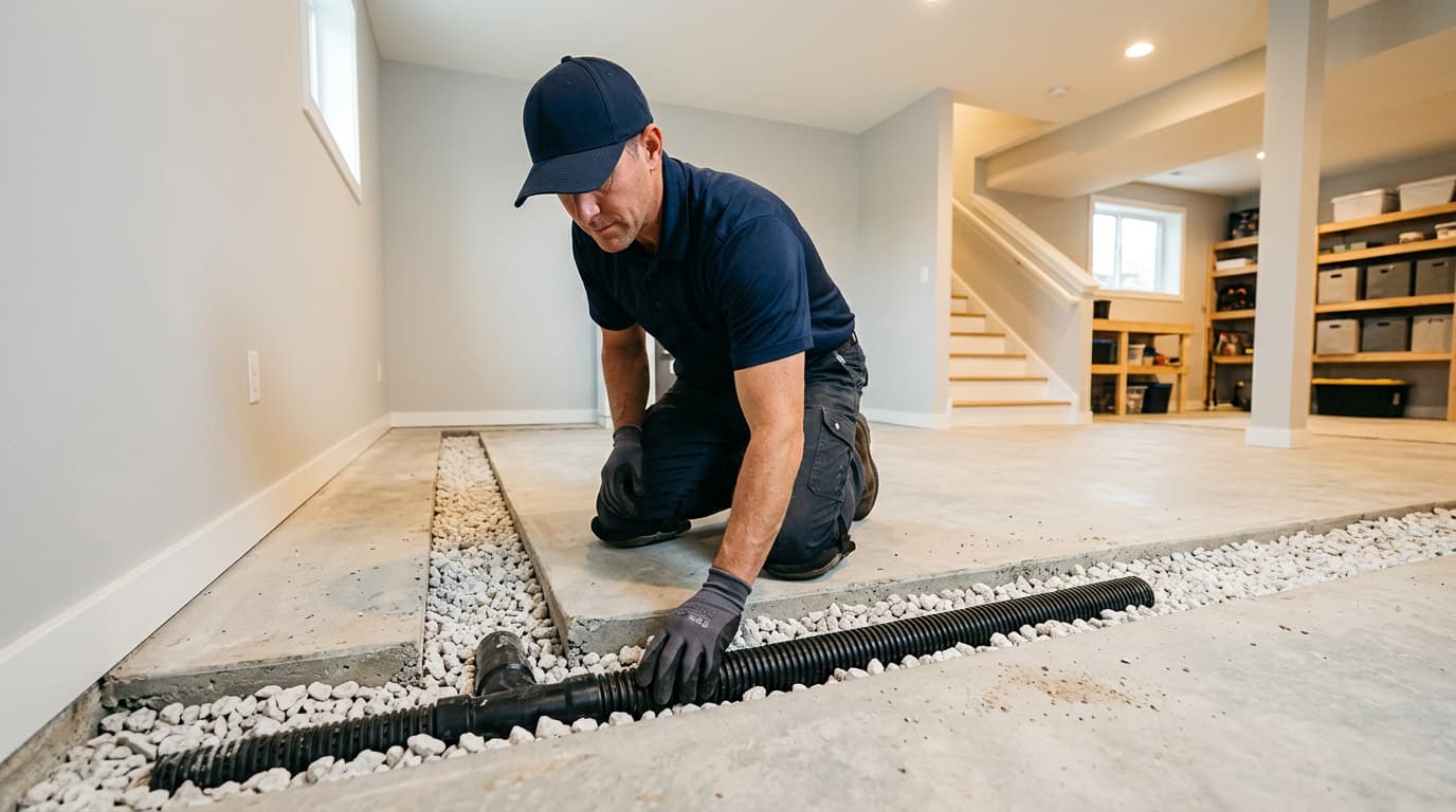 interior French drain channel installed along basement wall perimeter in Wichita home