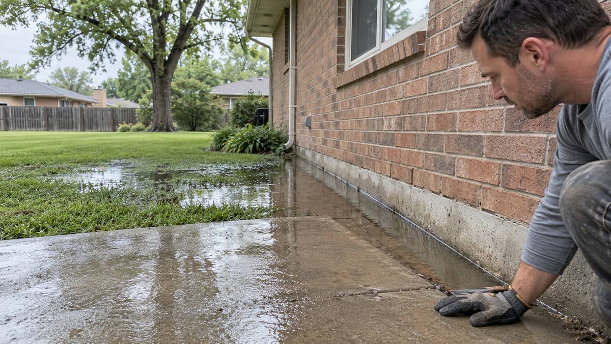 technician checking rainwater pooled between a patio slab and brick foundation in a Wichita backyard