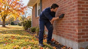 technician marking the end of a stair-step crack in a brick wall during a fall foundation inspection in Wichita